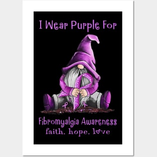 I Wear Purple For Fibromyalgia Awareness Gnome Posters and Art